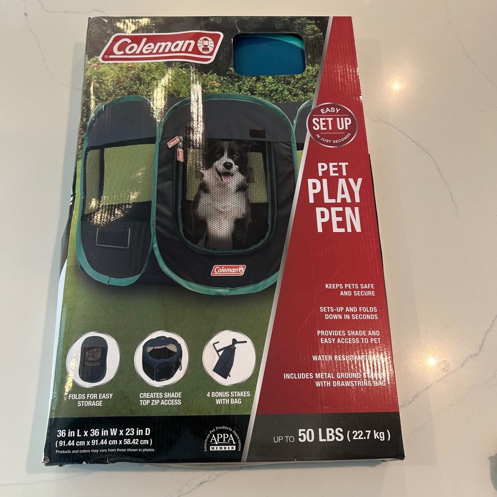New in box Coleman Pet Play Pen Large up to 50lbs Teal Portable Pop-Up dog pen